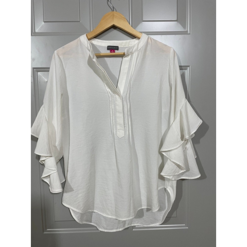 Vince‎ Camuto Ruffle Sleeve Blouse Womens Medium White Excellent Split Neck Top